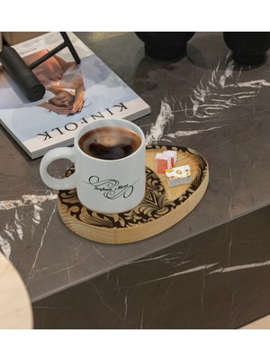 BK Kişiye Özel Retro Motif Tasarımlı Doğal Ahşap Tabaklı Türk Kahvesi Fincanı Sunum Seti Model 6