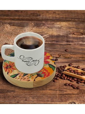 BK Kişiye Özel Çiçekler Tasarımlı Doğal Ahşap Tabaklı Türk Kahvesi Fincanı Model 1
