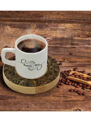 BK Kişiye Özel Retro Motif Tasarımlı Doğal Ahşap Tabaklı Türk Kahvesi Fincanı Model 16