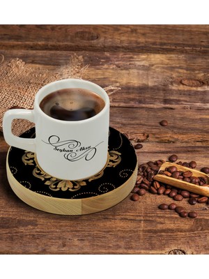 BK Kişiye Özel Retro Motif Tasarımlı Doğal Ahşap Tabaklı Türk Kahvesi Fincanı Model 10