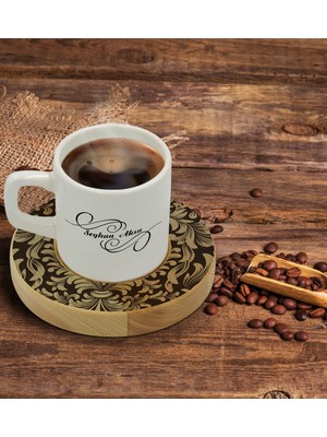 BK Kişiye Özel Retro Motif Tasarımlı Doğal Ahşap Tabaklı Türk Kahvesi Fincanı Model 6