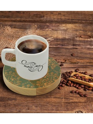 BK Kişiye Özel Retro Motif Tasarımlı Doğal Ahşap Tabaklı Türk Kahvesi Fincanı Model 5