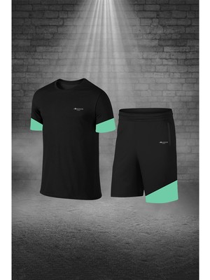 Poseidon Storm Erkek Siyah Dri-Fit Kumaş Yürüyüş ve Koşu Için Konforlu Cepli Sıfır Yaka Tişört Şort Ikili Alt Üst Seti S-3xl