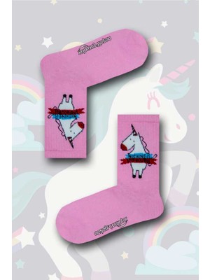 Neşeli Çoraplar Pembe Unicorn Desenli Atletik Kadın Çorap