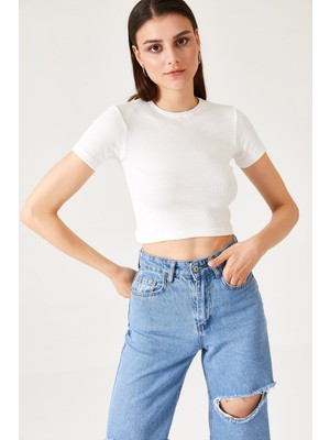 Oshebu Kadın Bisiklet Yaka Kısa Kol Crop Bluz