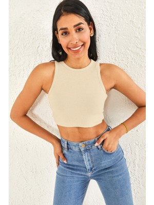 Oshebu Kadın Sıfır Kol Kaşkorse Crop Bluz