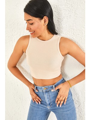 Oshebu Kadın Sıfır Kol Kaşkorse Crop Bluz