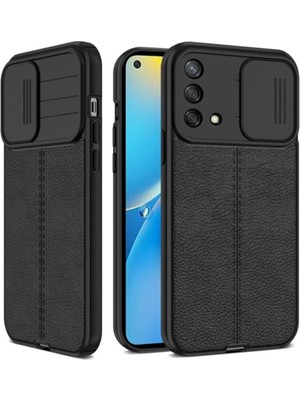 Gpack Oppo A74 4g Kılıf Kamera Sürgülü Deri Dokulu Mat Silikon Siyah