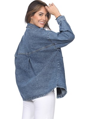 Whitney Kadın Cep ve Dikiş Detaylı Düğmeli Mavi Jean Gömlek