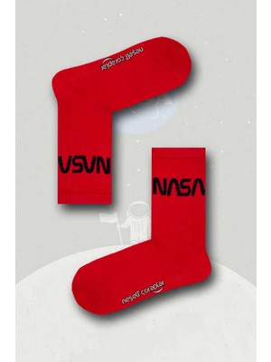 Neşeli Çoraplar Kırmızı Nasa Yazılı Atletik Kadın Çorap