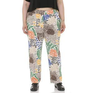 Disentis Modest Büyük Beden Beli Lastikli Cepli Desenli Dokuma Viskon Beyaz Pantolon