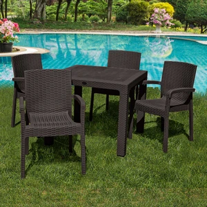 Rattan 90X90CM 4lü Camsız Bahçe Mutfak Masa Takımı Kahve