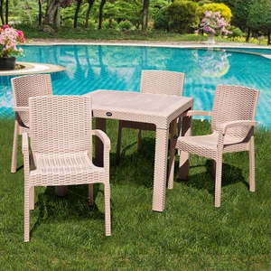 Rattan 90X90CM 4lü Camsız Bahçe Mutfak Masa Takımı Cappuccino