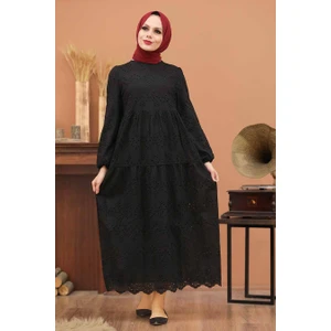 Neva Style - Kol Ucu Lastikli Siyah Tesettür Elbise 1073S