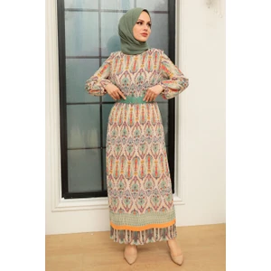 Neva Style - Etnik Desenli Mint Tesettür Elbise 3536MINT