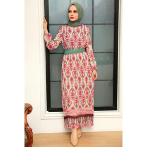 Neva Style - Etnik Desenli Pembe Tesettür Elbise 3536P