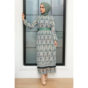 Neva Style - Etnik Desenli Petrol Mavisi Tesettür Elbise 3536PM