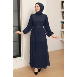 Neva Style - Kemerli Lacivert Tesettür Elbise 3590L