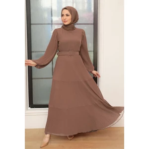 Neva Style - Kemerli Kahverengi Tesettür Elbise 3590KH