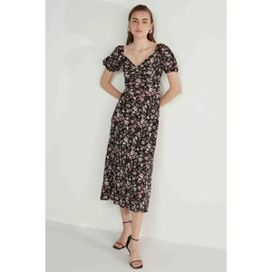 Viskon Balon Kol Çiçek Desen Elbise