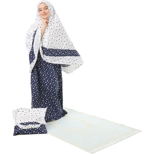Kız Çocuk Namaz Elbisesi 4 Parçalı Seccadeli ve Çantalı Larcivert Rengi Yıldız Baskılı Kemer Desenli