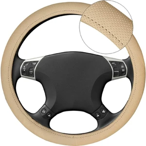 Geçmeli Deri Direksiyon Kılıfı Bej Renk