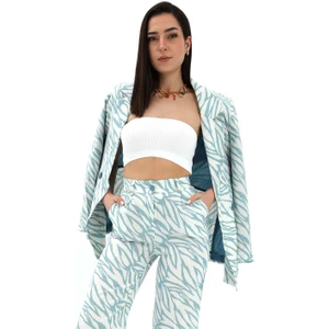 Zebra Desen Oversize Keten Ceket - Mavi