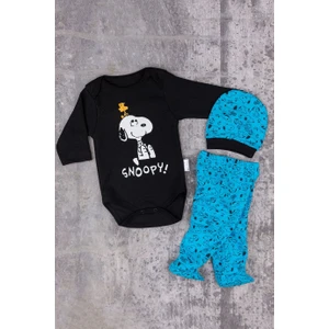 Snoppy Köpek Baskılı 3 Parça Badili Erkek Bebek Takım Mavi