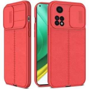 Xiaomi Mi 10T Pro Kılıf Kamera Sürgülü Deri Dokulu Mat Silikon Kırmızı