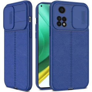 Xiaomi Mi 10T Pro Kılıf Kamera Sürgülü Deri Dokulu Mat Silikon Lacivert