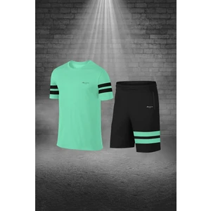 Poseidon Storm Erkek Su Yeşili Dri-Fit Kumaş Yürüyüş ve Koşu Için Konforlu Cepli Sıfır Yaka Tişört Şort Ikili Alt Üst Seti S-3xl