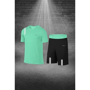 Poseidon Storm Büyük Beden Erkek Su Yeşili  Dri-Fit Kumaş Cepli Bisiklet Yaka Sporcu Günlük Tişört Şort Ikili Takım 4XL-10XL