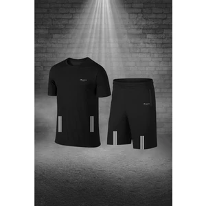 Poseidon Storm Büyük Beden Erkek Siyah Dri-Fit Kumaş Cepli Baskısız Yürüyüş ve Koşu Için Rahat Sporcu Tişört Şort Alt Üst Ikili Takım  4XL-10XL