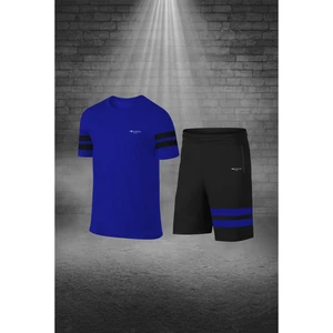 Poseidon Storm Büyük Beden Erkek Mavi Dri-Fit Kumaş Yürüyüş ve Koşu Için Konforlu Cepli Kısa Kol Tişört Şort Ikili Takım  4XL-10XL