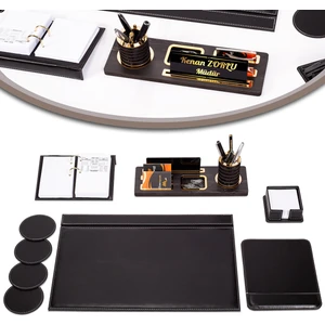 Atlas Deri Sümen Takımı 9 Parça Ahşap Masa İsimliği ve Aksesuarlar ile Şık Tasarım