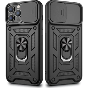 Apple iPhone 13 Pro Max Kılıf  Sert Silikon Tank Aramid Sürgülü Vega Yüzüklü Siyah