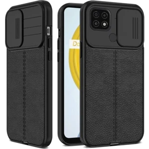 Oppo A15S Kılıf Kamera Sürgülü Deri Dokulu Mat Silikon Siyah