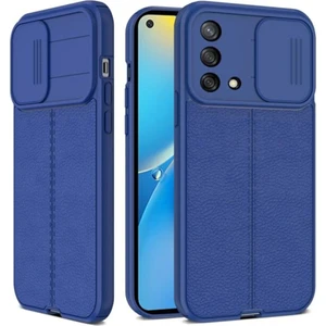 Oppo A54 4g Kılıf Kamera Sürgülü Deri Dokulu Mat Silikon Lacivert
