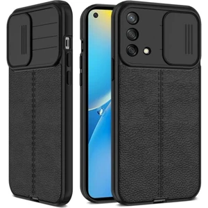 Oppo A74 4g Kılıf Kamera Sürgülü Deri Dokulu Mat Silikon Siyah