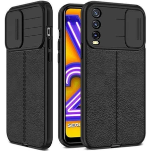 Vivo Y20S Kılıf Kamera Sürgülü Deri Dokulu Mat Silikon Siyah