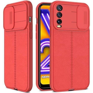 Vivo Y20S Kılıf Kamera Sürgülü Deri Dokulu Mat Silikon Kırmızı
