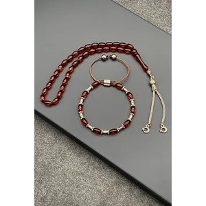 Noon Collection Noon Akrilik Taşlı Kahverengi Renkli Ayarlanabilir Makrome Erkek Bileklik/tesbih Set NN1518
