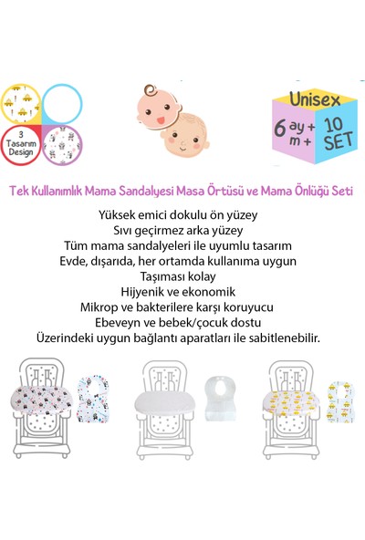 Mamaped Tek Kullanımlık Mama Sandalyesi Masa Kılıfı-Örtüsü ve Mama Önlüğü 10'lu Set
