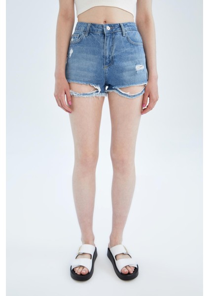 Yüksek Bel Yırtık Detaylı Kesik Uçlu Paça Jean %100 Pamuk Şort X5284AZ22SM