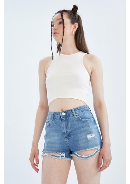 Yüksek Bel Yırtık Detaylı Kesik Uçlu Paça Jean %100 Pamuk Şort X5284AZ22SM fiyatları