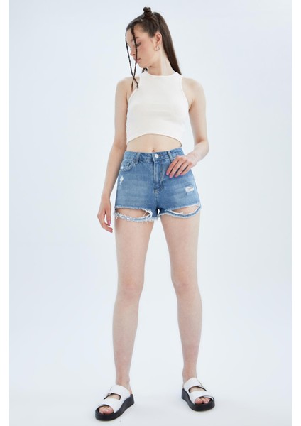 Yüksek Bel Yırtık Detaylı Kesik Uçlu Paça Jean %100 Pamuk Şort X5284AZ22SM fırsatları