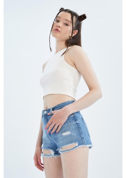 Yüksek Bel Yırtık Detaylı Kesik Uçlu Paça Jean %100 Pamuk Şort X5284AZ22SM indirimleri