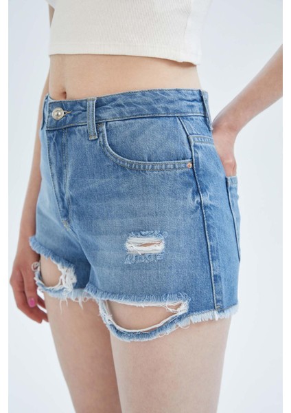 Yüksek Bel Yırtık Detaylı Kesik Uçlu Paça Jean %100 Pamuk Şort X5284AZ22SM