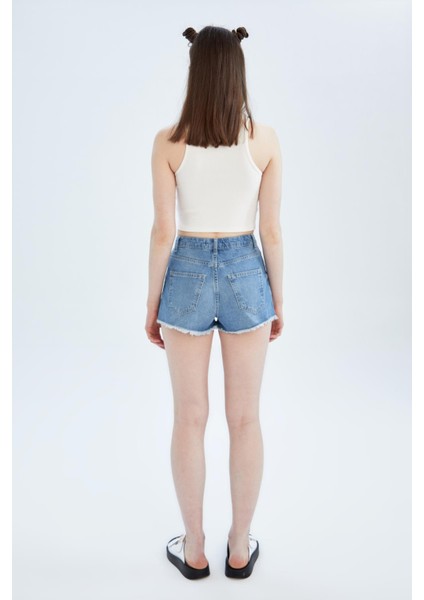 Yüksek Bel Yırtık Detaylı Kesik Uçlu Paça Jean %100 Pamuk Şort X5284AZ22SM