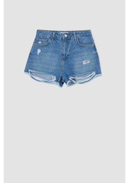 Yüksek Bel Yırtık Detaylı Kesik Uçlu Paça Jean %100 Pamuk Şort X5284AZ22SM